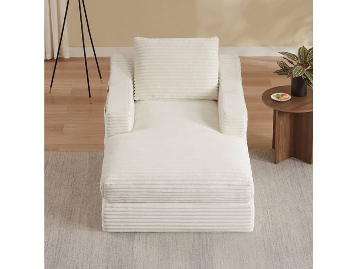 Fauteuil lounge convertible 1 place en velours côtelé blanc design double couche mousse haute densité