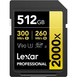 Lexar Karta Professional 2000x SDXC 512 GB Class 10 UHS-II/U3 V90 (LSD2000512G-RNNNG) (512 GB, SDXC, U3, UHS-II), Speicherkarte, Gold