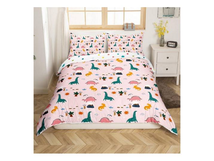 LuxusKollektion Kinderbettwäsche Bettwäsche Set Dinosaurier 200x200cm Rosa