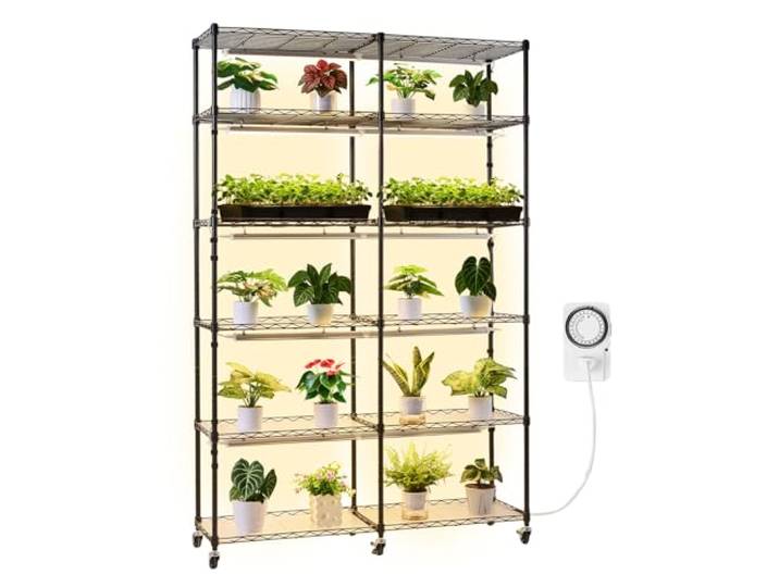 VEVOR Support Plantes Intérieur avec Lampe de Croissance\, Étagère Plantes 6 Niveaux en Métal\, Double Rangée\, Hauteur 180 cm\, 200 W\, avec Roulettes\, Minuterie\, Meuble Présentoir pour Pots de Fleurs