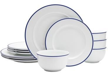 FITZ & FLOYD Everyday White Blue Band 12-Piece Dinnerware Set, Service for 4