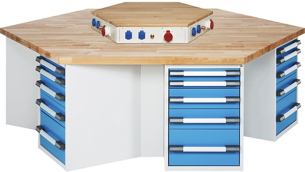 Gruppen-Werkbank, 6 Arbeitsplätze, mit Energieaufsatz, Höhe 890 mm eurokraft pro