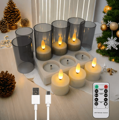 Inspire Picks FPOO Rechargeable Flameless LED Tea Lights Flickering Candle Lamps With Timer & Black Cups 6pcs With Lampshade
