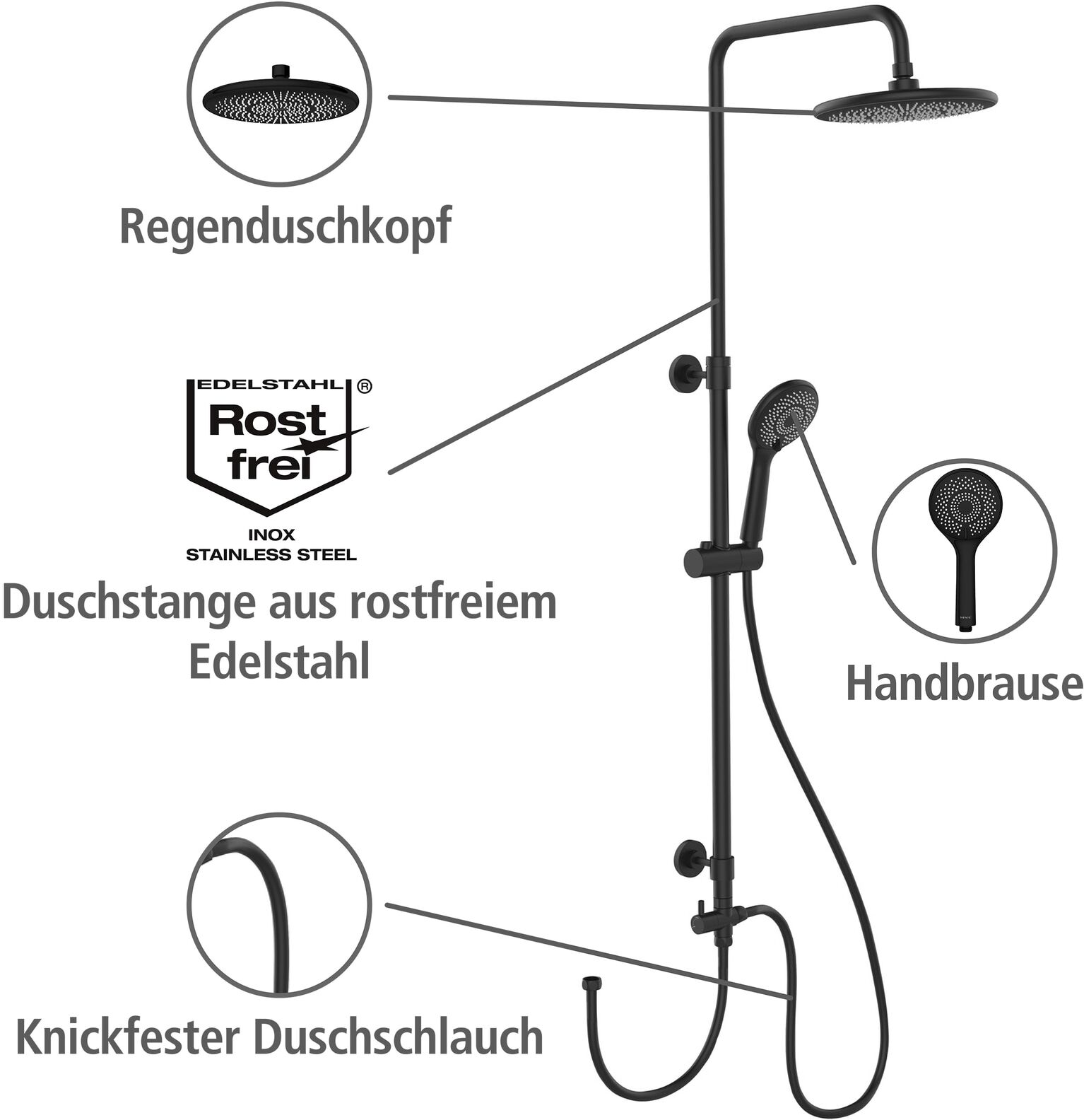 Duschsystem WENKO "Watersaving", schwarz, Edelstahl, Brausegarnituren, Duschsystem, Chrome, höhenverstellbare Duschstange von 75-120cm