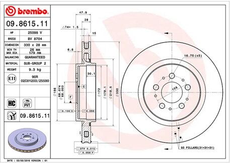 Magneti Marelli Bremsscheibe 360406067400 Innenbelüftet-Belüftung Mit Tropfenförmigen Flügeln 330mm 28mm Für Volvo