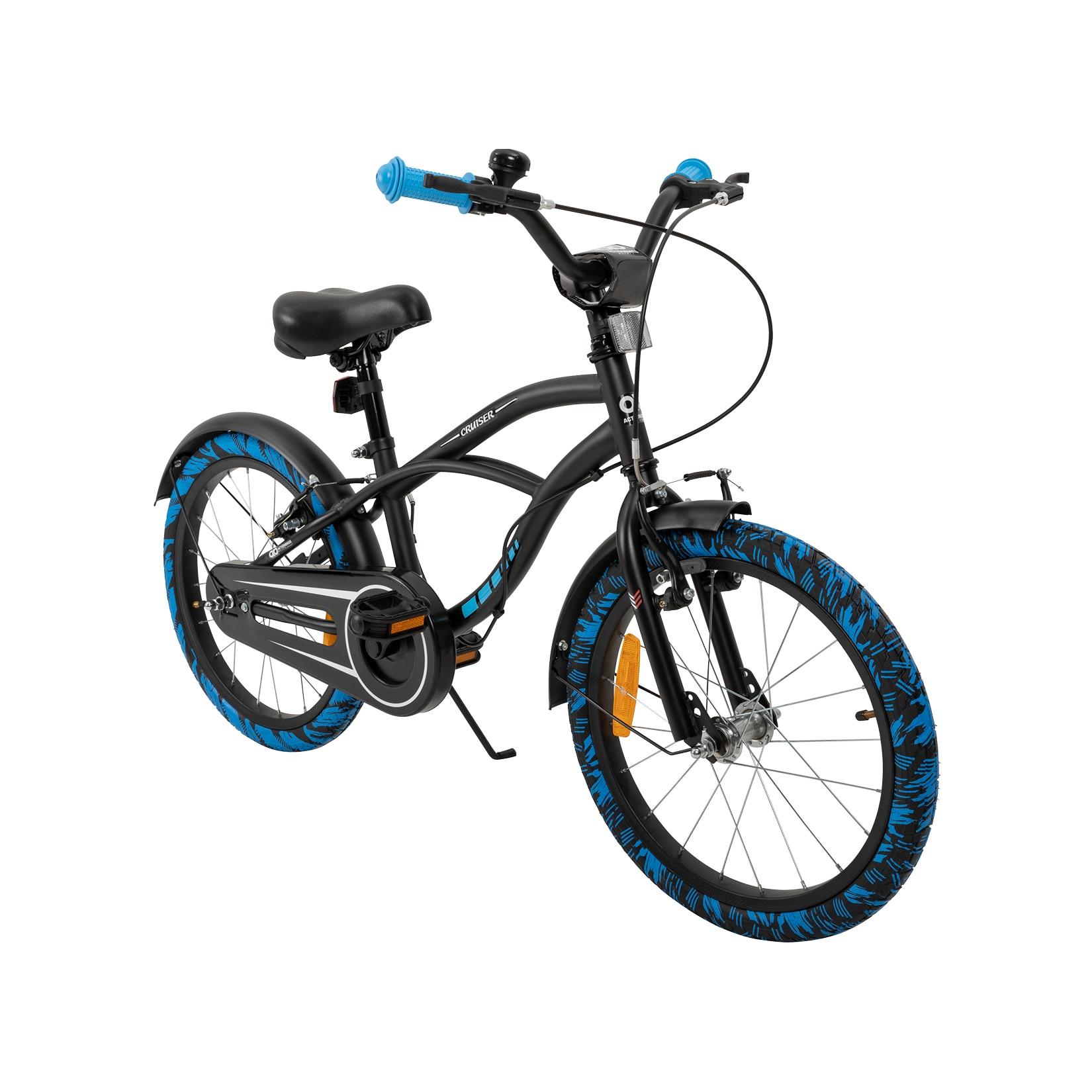 Actionbikes Kinderfahrrad Cruiser 18 Zoll, schwarz, Fahrradständer, Antirutschgriffe, Lenkerschutz (Schwarz/Blau)