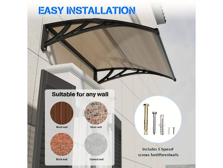 Auvents de fenêtre et de porche en polycarbonate robustes – UPF 50+, pare-soleil extérieur anti-fuite pour tous temps avec panneau et ABS