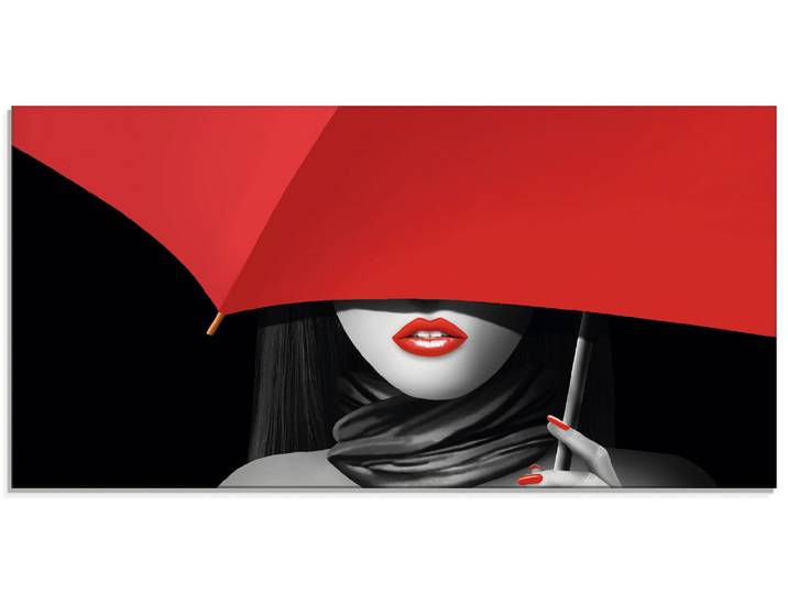 Glasbild ARTLAND Rote Lippen unter dem Regenschirm , rot (farbe bild(er): rot), B:100cm H:50cm, Bilder, Glasbild, in verschiedenen Grössen