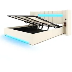 MODFU Polsterbetten Samt Beige 245x212x103 cm, 180x200 cm, mit USB, LED, Hydraulikfunktion und Stauraum