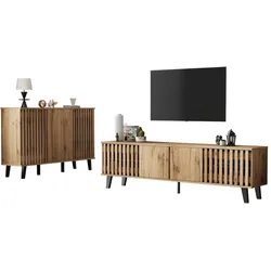 TV Schrank Seitenschrank Set Wohnzimmer Möbel Kombination Holzoptik Modern Stauraum Natur 180x40x55cm 150x40x95cm