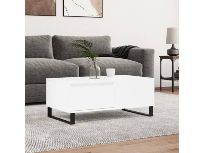 HEFZGDB Couchtisch Weiß 90x50x36,5 cm Holzwerkstoff mit Schublade und Metallbeinen, robuster Beistelltisch mit Stauraum, langlebiger Wohnzimmertisch für Elegantes Interieur