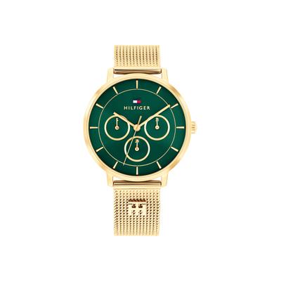 Multifunktionsuhr TOMMY HILFIGER "Tea", gold (goldfarben, grün), Armbanduhren, Damen, Quarzuhr, Armbanduhr, Damenuhr, Edelstahlarmband, analog