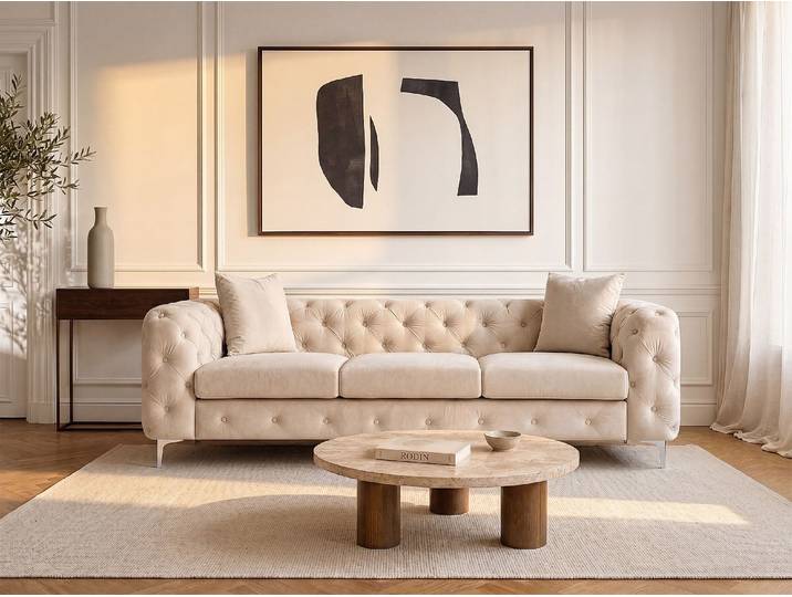 Chesterfield-Sofa 3-Sitzer - Samt - Beige - EDWINA