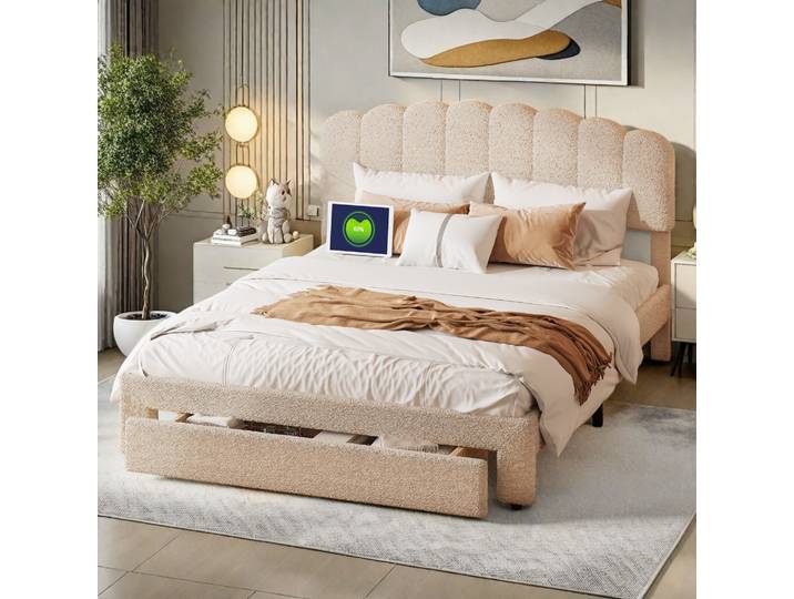 Lit double Anajqaqia en velours Teddy beige avec USB + tiroir de rangement sur le pied de lit 160x200cm