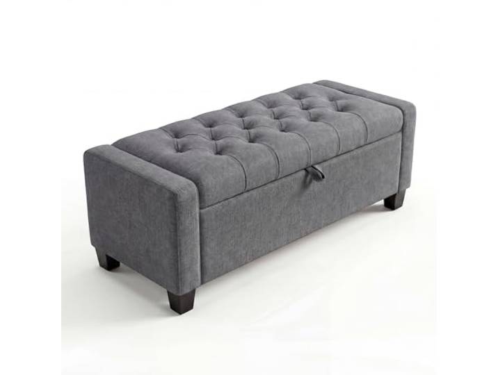 GarveeMore Gepolsterte Aufbewahrungsbank Mit Leinenoptik & Holzbeinen 123x49x42 cm – Stauraumbank für Flur, Schlafzimmer & Wohnzimmer – Grau