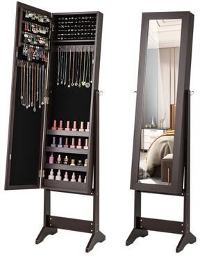 Costway Mirrored Standing Jewelry Cabinet Storage Box-Rustic Brown