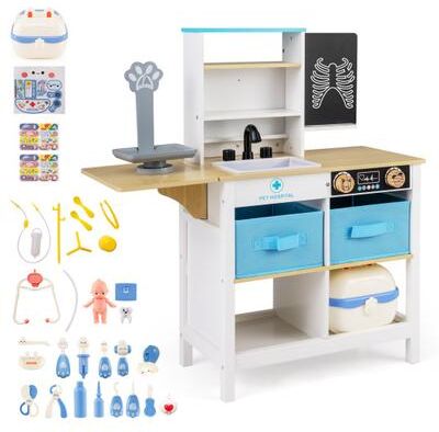 Costway Play Doctor's Office Wood Medical Center Toy Set with Blackboard-White