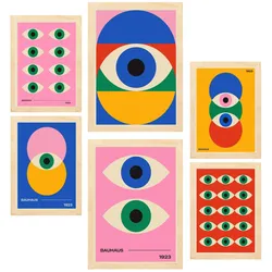 POSTER Set Mit 6 Geometrische Bauhaus Lebendige Farben & Augen A3 & A4 Rahmen Aus Hellem Holz
