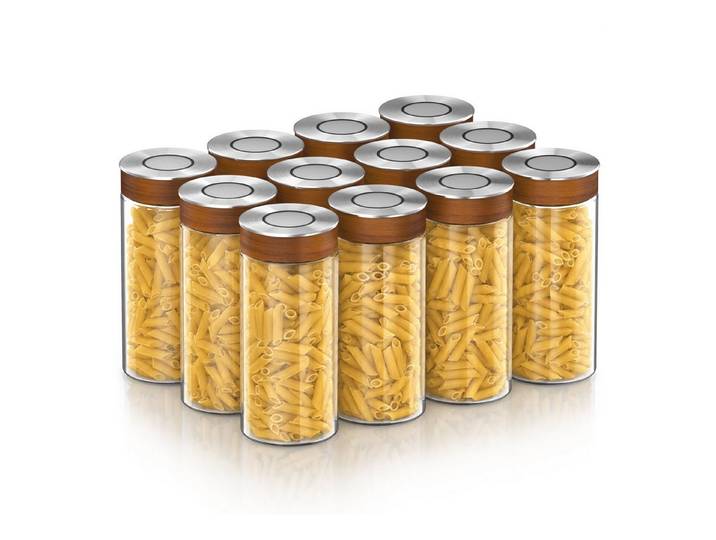 Arendo Aufbewahrungsbecher 12er Set Vorratsgläser 1300 ml mit Deckel, luftdicht, Borosilikat, Borosilikatglas, Edelstahl, Silikon, (12-tlg), luftdicht, hitze & kältebeständig, Mikrowellen & spülmaschinengeeignet