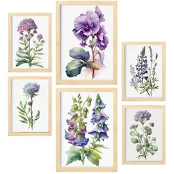 POSTER Set Mit 6 Violett Vollfarbige Natur Und Botanikdrucke Mit Blumenmotiven Auf Reinweißen Hintergründen A3 & A4 Rahmen Aus Hellem Holz