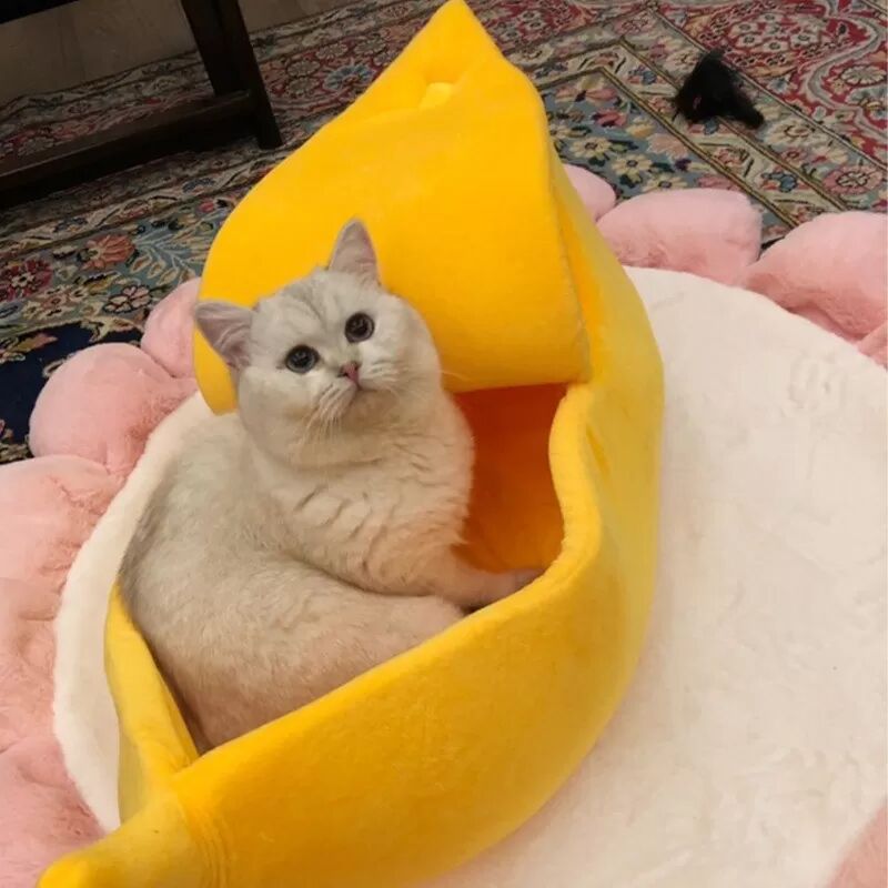 INF Bananen-Haustierbett: Weicher & Gemütlicher Schlafsack für Katzen & Kleine Hunde - Komfort für Alle Jahreszeiten Gelb