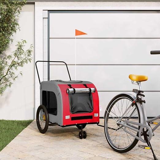 Fahrradanhänger für Hunde, rot und grau, aus Oxford-Gewebe mit Eisenrahmen, PVC-Dach, Netzfenster und Reißverschlusstüren, zwei große Hinterräder und kleines Vorderrad,