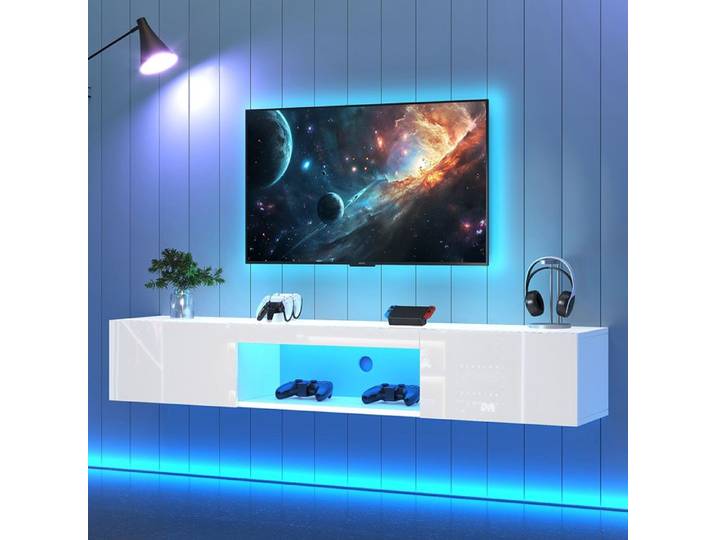 Meuble TV Armoire murale blanche brillante pour TV 70 pouces avec éclairage LED contrôle Bluetooth APP Support TV mural