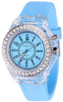 Friendly Fresh Finds LED Luminous Silicone Watch For Kids & Adults Fashion Rhinestone Clock With Flashing Lights sky Blue