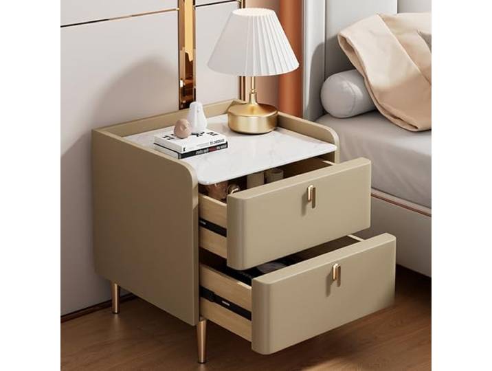 Esspoxi Nachttisch kommode für das Schlafzimmer mit weichem Napa-Kunstleder, Doppelschublade, Nachttisch mit Gehäusedesign und Felsplatte, Beistelltische mit abgerundeten Ecken(Khaki,19.7in)