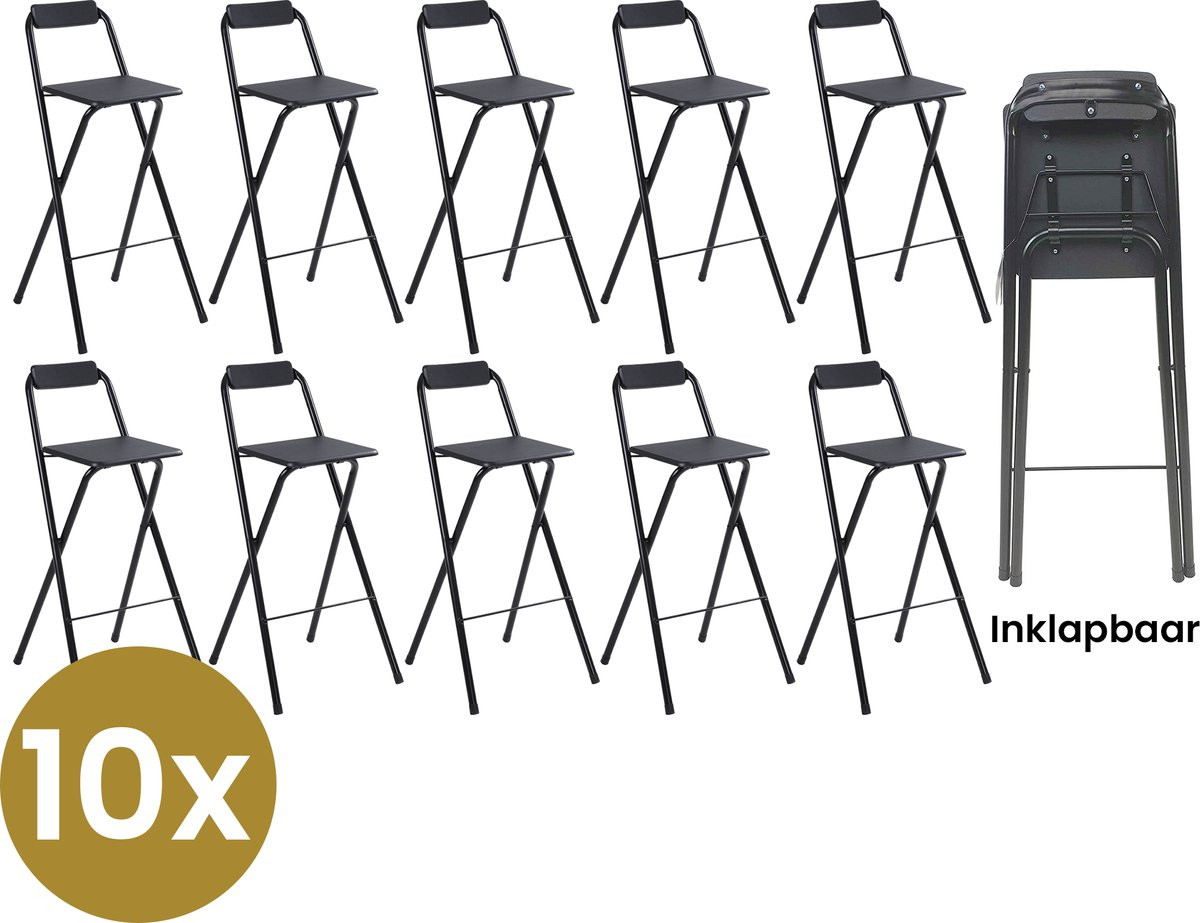 Alora Set van 10 Inklapbare Barkrukken met Rugleuning en Voetsteun - Zwart - Outdoor