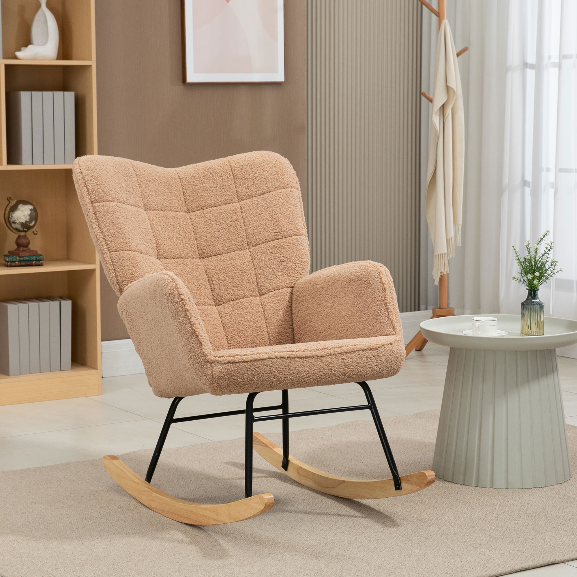 Homcom Poltrona a Dondolo Imbottita in Legno e Acciaio con Rivestimento Bouclé, 71x98x101 cm, Marrone