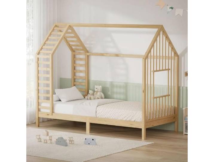 Easy Act Hausbett 90 x 200 cm mit 16 cm Matratze & Lattenrost, Natur Komplettset: Hausbett aus massivem Kiefernholz mit 16 cm Matratze, Lattenrost, Dach & Fenster 90 x 200 cm Natur