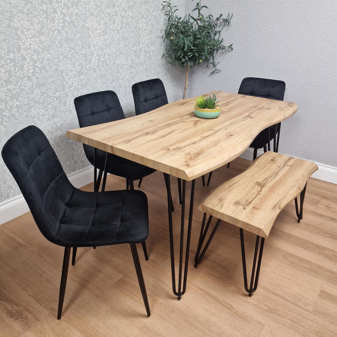 Norden Home Wooden Dining Table With Bench and 4 Velvet Chairs - Stylish Dining Room Furniture Black 6