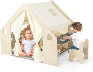 Costway 6-in-1 Kids Play Tent Playhouse with Blackboard 6 Storage Bins and Floor Cushion-Beige