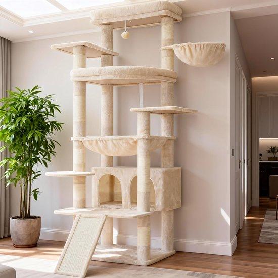 Famanu Kratzbaum XXL 202 cm mit großen Plattformen, Katzenhaus und Körbchen, beige