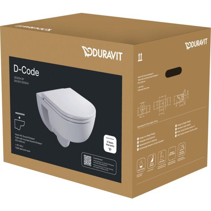 Duravit D-Code Wand-Tiefspül-WC-Set 45130900B1 ohne Absenkautomatik, mit WC-Sitz, Rimless, weiß