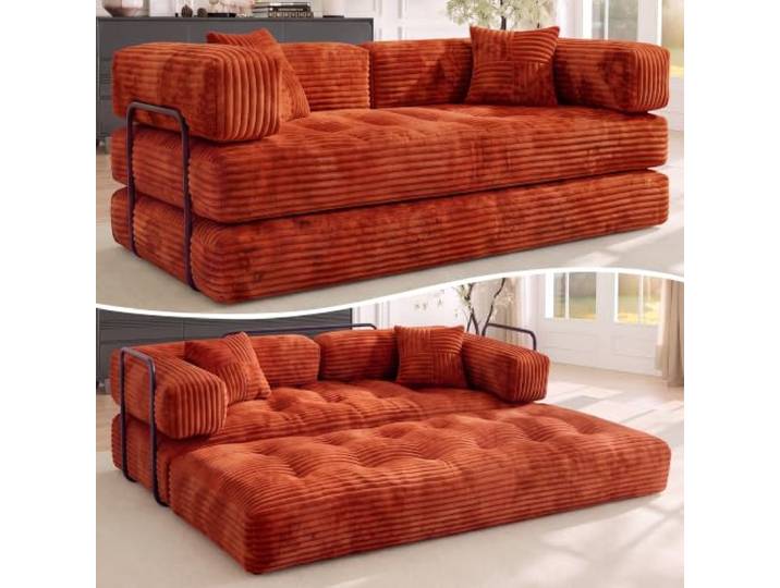 Dyonery Schlafsofa 200cm Breit,5-in-1 Modulares Boneless Couch Orange 3-Sitzer Bodensofa mit Schlaffunktion,Umwandelbares Cordstoff Schlafcouch,Modulares Couch für Wohnzimmer, Büro,Gästezimmer