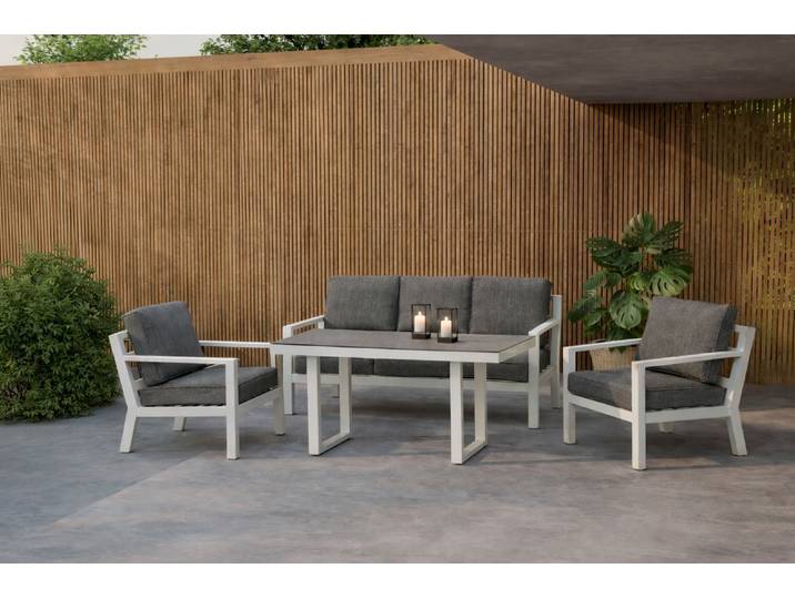 Garten Loungeset Jenni – in Weiß & Grau mit Glasplatte - Weiß-Grau - Luxusbetten24