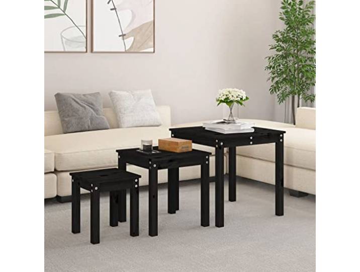 HKGNMBS Beistelltische zum Zusammenstecken 3 Stück Schwarz aus massivem Kiefer Massivholz Schwarz 3 Größen Stapelbar Multifunktional Wohnzimmer Schlafzimmer Befestigung