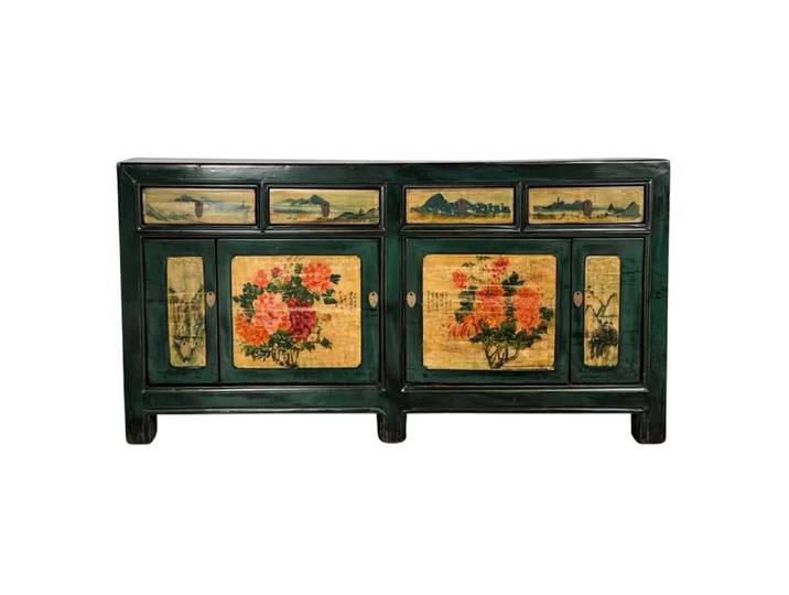 Fine Asianliving Buffet Chinois Ancien Pivoines Sacrelle Peintes à la Main L176xP45xH85cm