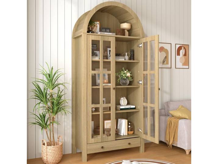 MEUBLIV Vitrine haute arquée 75x35x170 5 cm avec portes en acrylique tiroir MDF effet bois naturel