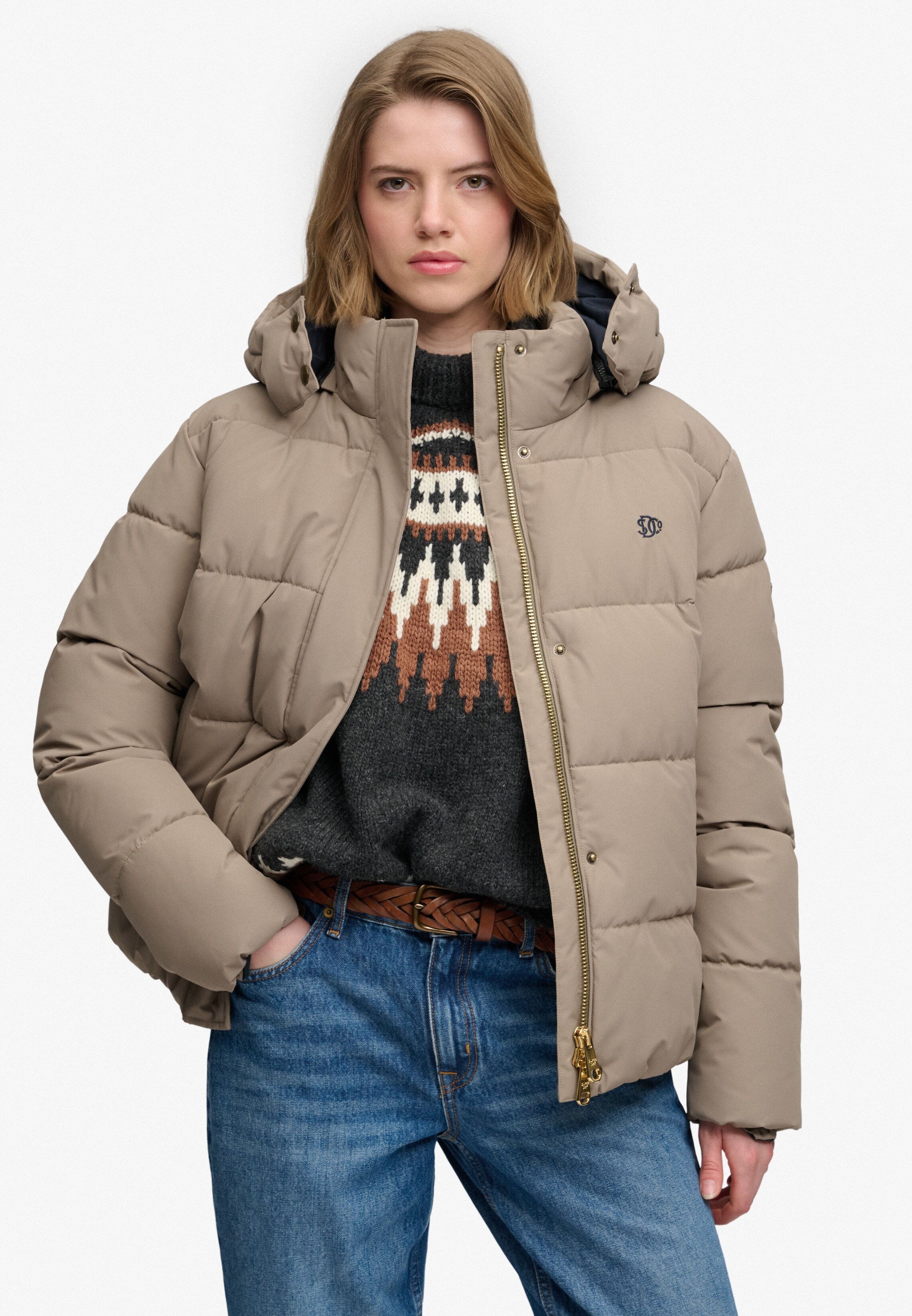 Steppjacke SUPERDRY "PREMIUM HOOD PUFFER JKT", Damen, Gr. S, beige (fallen rock braun), Steppware, Obermaterial: 100% Polyester, unifarben, relaxed fit normal, Jacken Steppjacke, Kunstfaser, relaxed fit fallen rock braun S