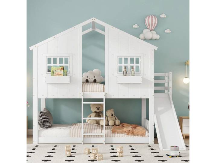 Lit superposé enfant - EN747 - Toboggan - 2 fenêtres décoratives - 90x200 cm