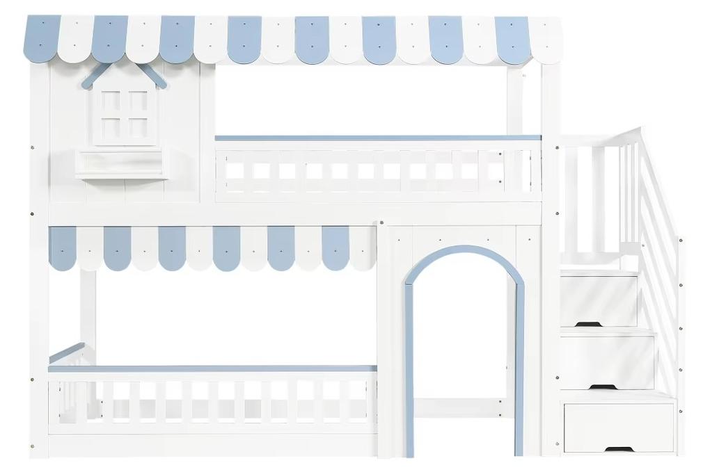 Kinder-Etagenbett - Etagenbett für Kinder - 90 x 200 cm - Treppe mit Stauraumschrank - Dekorative Fenster - Stabiler Lattenrost - Massivholz und MDF - Weiß und Blau