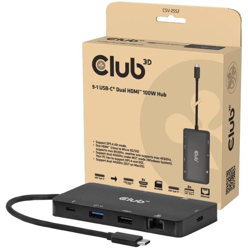 Club 3D USB-C 9in1-HUB >2xHDMI/2xUSB/USB-C/LAN 4K60Hz PD100W retail