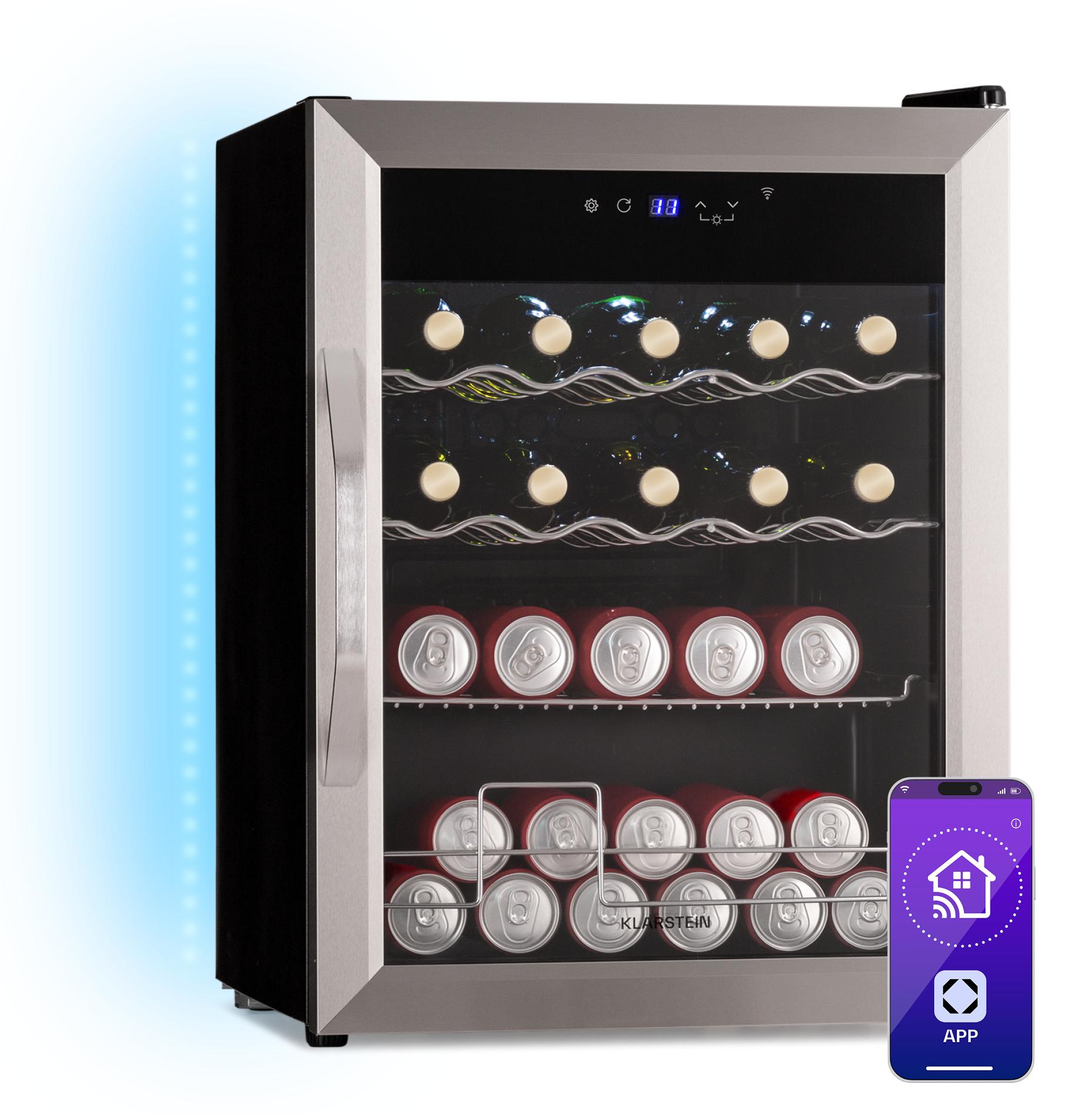 Klarstein Coachella 65 Getränkekühlschrank - 60 L WLAN-fähig, LED-Beleuchtung, Edelstahl, Flüsterleise, 3-18 °C, Herausnehmbare Böden, Getränkekühlschrank Mit Glastür