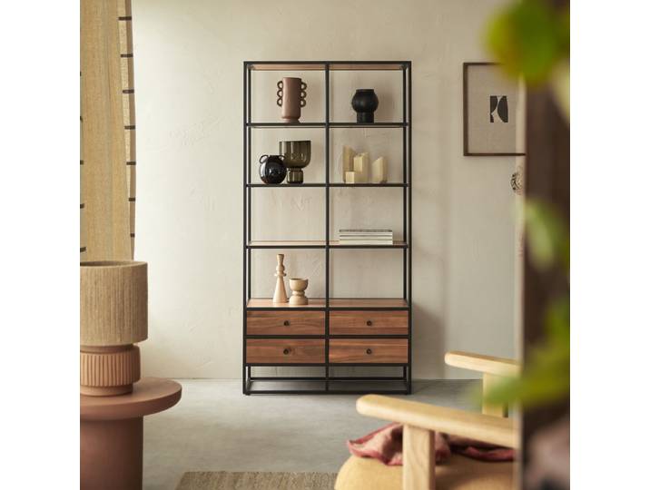 Bücherregal Wandregal 175cm industrieller Stil Materialmix Metall und Massivholz - Natur