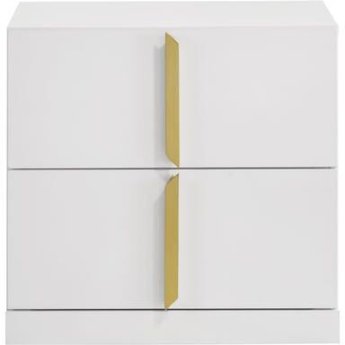 Benjara Orion Nightstand with 2 Drawers, Gold Metal Pulls, White Gloss Wood