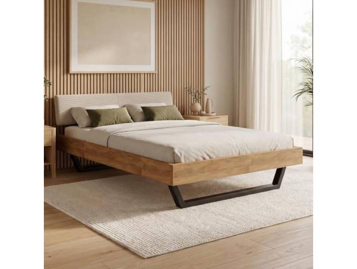 skølm Alver Massivholzbett Eiche 140x200cm, Bettkopf Cord Beige, in Natur Bettgestell stabil aus Massivholz, Holzbett mit schwarzen Metallkufen,hochwertiges Bett, Bettrahmen geeignet als Doppelbett