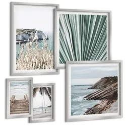 BILDER SET 5er Set - 50x50 cm & 20x30 cm & 40x60 cm Silberner Rahmen - Strandtreppe Schaukel Meer